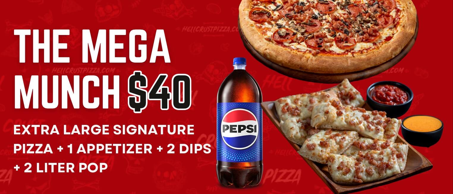 Extra large signature pizza + 1 appetizer + 2 dips + 2 Litre pop $40